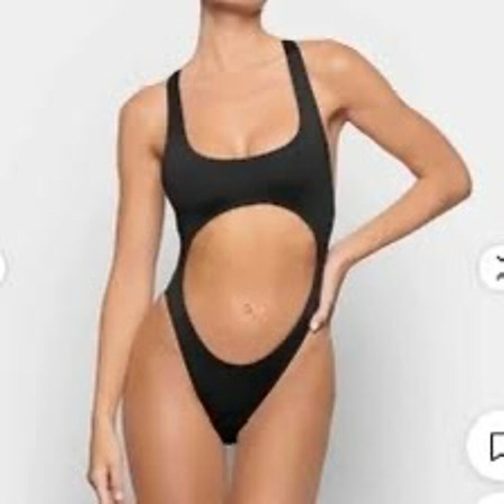 SKIMS Cut Out One Piece Swimsuit Charcoal Gray High Cut Size Large